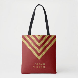 Tote Bag Nom rouge élégant Chevron d'or de Faux géométrique