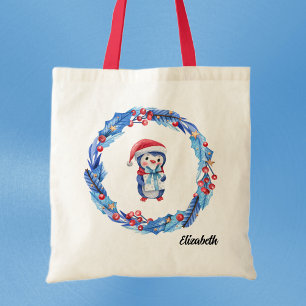 Tote Bag Nom sur la couronne bleu et rouge de pingouin de v