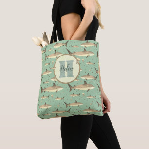 Tote Bag Nom vert et jaune + Aquarelle Monogramme requin