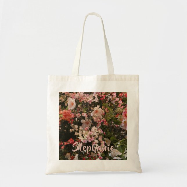Tote Bag Nombreuses Fleurs Blanches Rose Floral Nom personn (Devant)