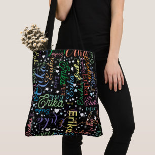 Tote Bag Noms colorés Coeurs mignons et étoiles sur le noir
