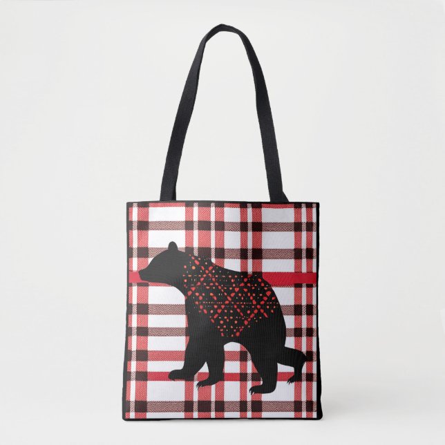 Tote Bag Norwood Rustique Ours Noir Silhouette Sur Plaid (Devant)
