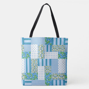 Tote Bag Nostalgique Blue Morning Glory Faux Patchwork