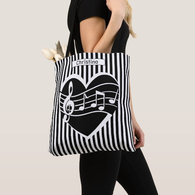 Tote Bag Notes de musique noire blanche personnalisée Cardi (De près)