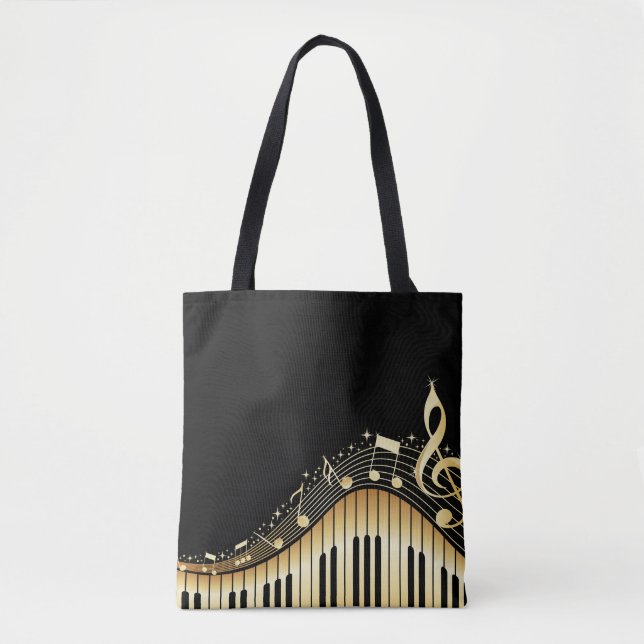Tote Bag Notes musicales Arrière - plan Noir Et Or (Devant)