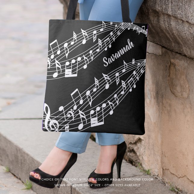 Tote Bag Notes musicales personnalisées Nom noir et blanc (Créateur téléchargé)
