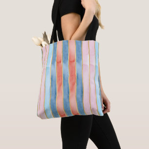 Tote Bag Nuances de bleu rose corail rayure verticale aquar