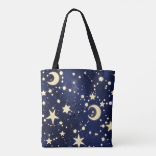 Tote Bag Nuit Céleste Profonde en Velours Navy avec Phases