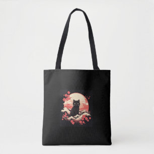 Tote Bag Nuit Fleur de cerisier_ Chat noir et Pleine lune