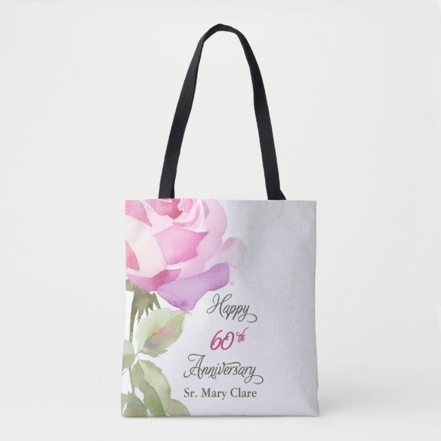 Tote Bag Nun 60th Anniversary Jubilee Custom Name Pink Rose (Devant)