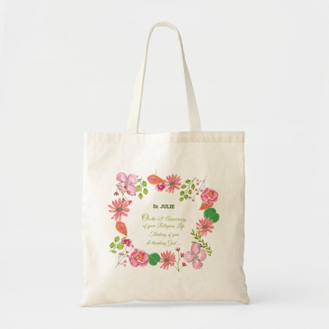 Tote Bag Nun Religious 65e Anniversaire Fleurs aquarelles (Devant)