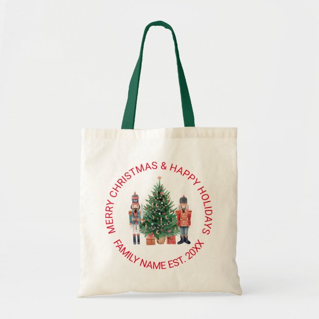 Tote Bag Nutcrackers et un arbre de Noël Texte personnalisé (Devant)