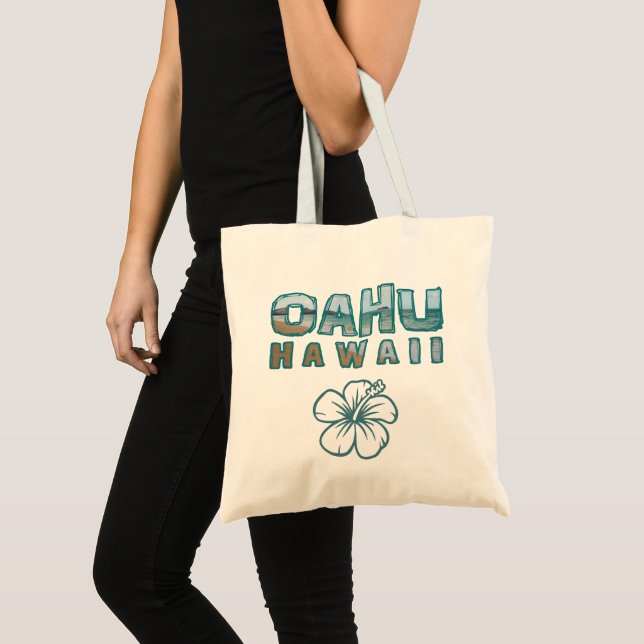 Tote Bag Oahu Hawaii Photo Texte & Hibiscus Flower (Devant (produit))