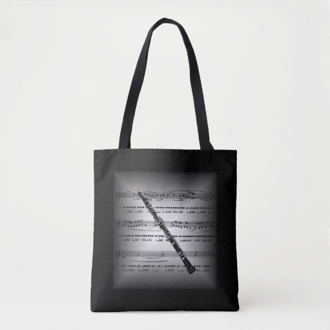 Tote Bag Oboe ~ 3D Partition Musique ~ Gris/Noir Coussin ~ (Devant)