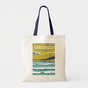Tote Bag Ocean Beach San Diego Travel Art Vintage