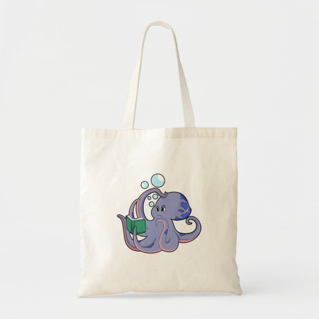 Tote Bag Octopus à la lecture avec livre (Devant)