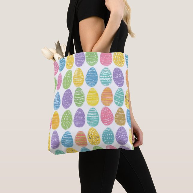 TOTE BAG OEFS DE PÂQUES VERT JAUNE BLEU VIOLET ROSE (De près)