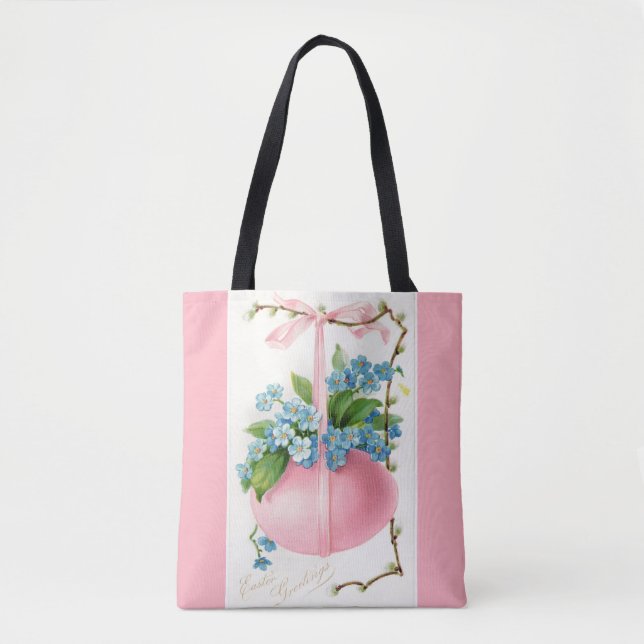Tote Bag Oeuf de Pâques rose et fleurs (Devant)