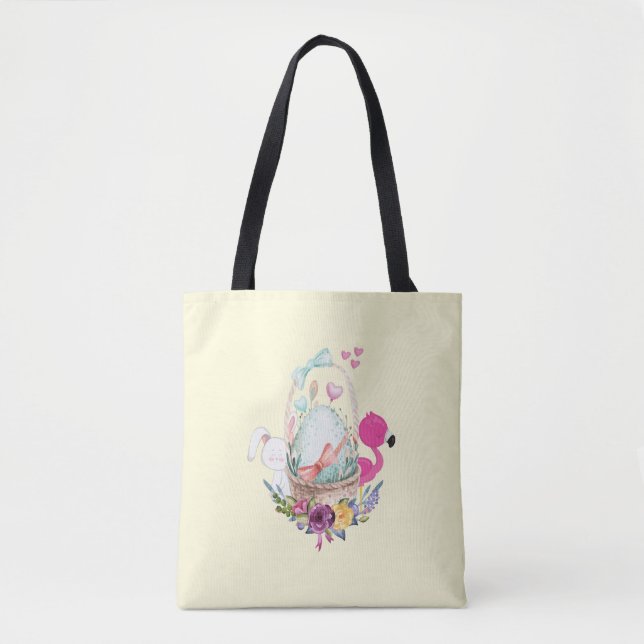 Tote Bag Oeuf mignon, Flamant rose rose et lapin, Aquarelle (Devant)