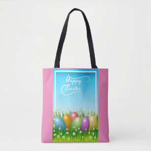 TOTE BAG OEUFS DE PÂQUES COLORÉS "HAPPY EASTER"