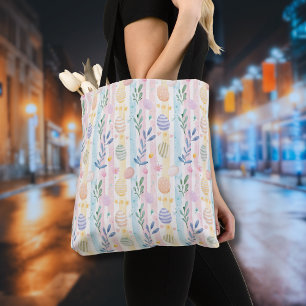 Tote Bag Œufs de Pâques élégants rayés aquarelle pastel