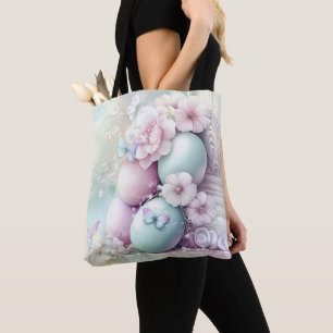 TOTE BAG ŒUFS ET FLEURS DE PÂQUES ROSE ET VERT PASTEL