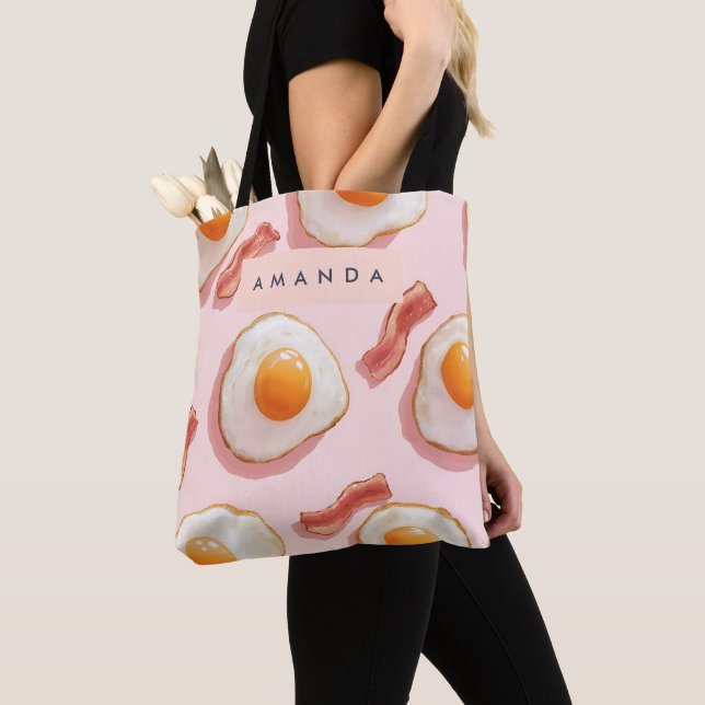 Tote Bag Oeufs frits roses personnalisés et Motif de bacon (De près)