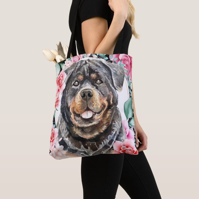 Tote Bag OEuvre d'rose à couronne d'aquarelle Rottweiler (De près)
