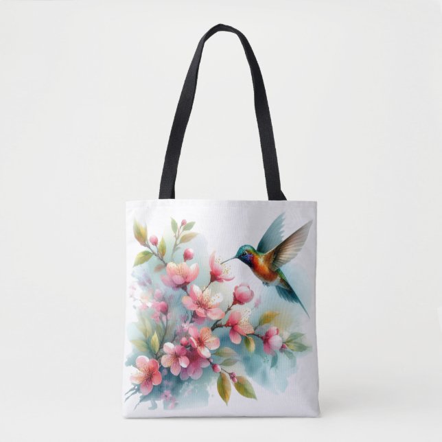 Tote Bag OEuvre florale/printanière de colibri (Devant)