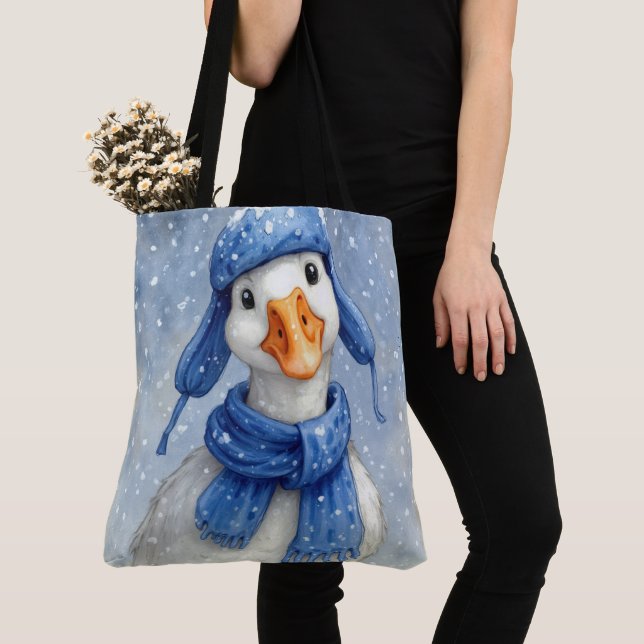 Tote Bag Oie blanche d'hiver avec écharpe bleue (De près)