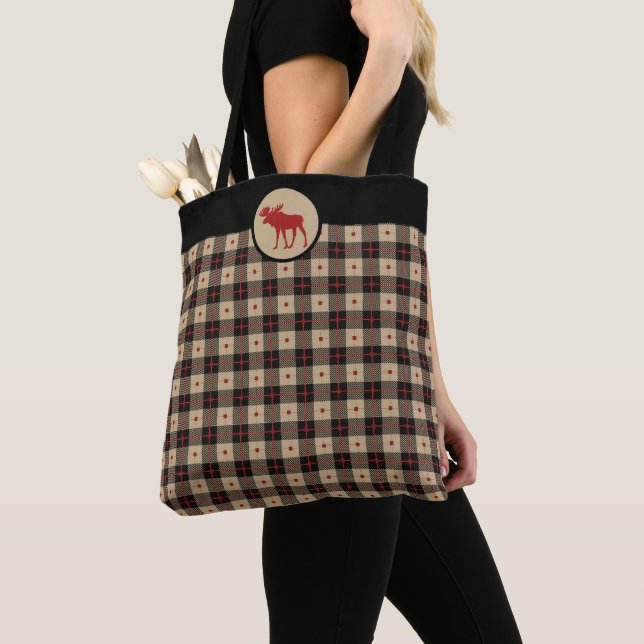 Tote Bag Oie Motif à plaid rouge rustique (De près)