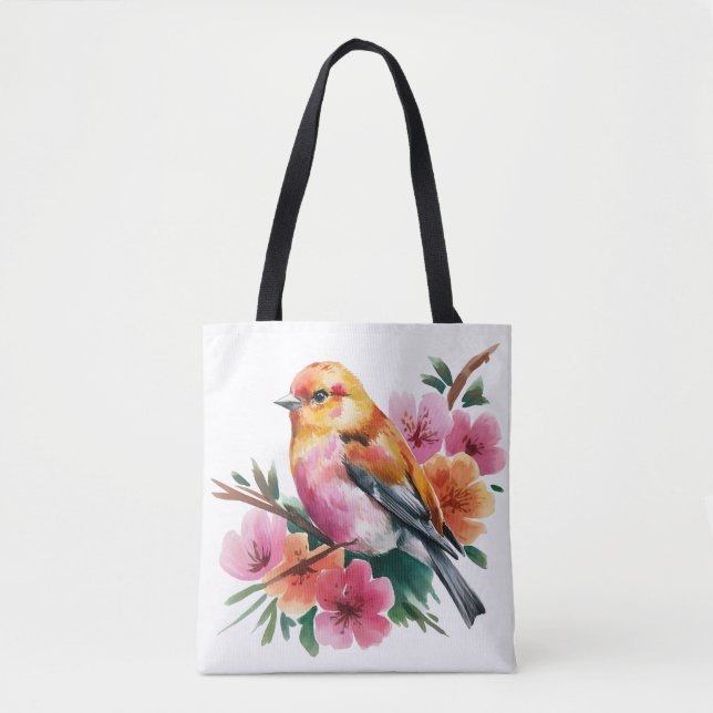Tote Bag Oiseau à Fleur Rose (Devant)