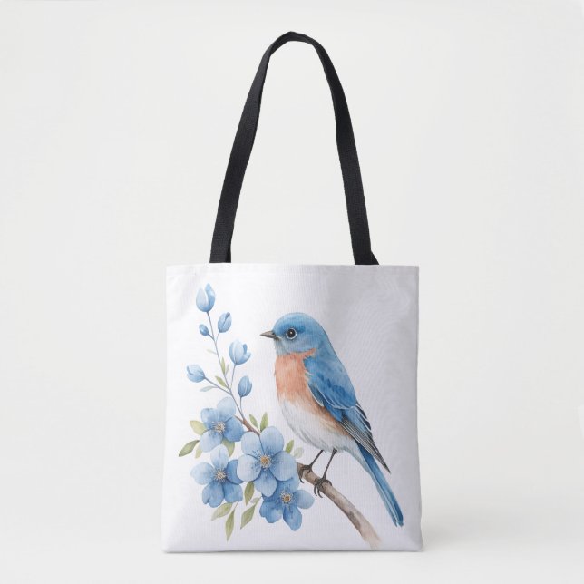 Tote Bag Oiseau bleu avec des fleurs bleues (Devant)