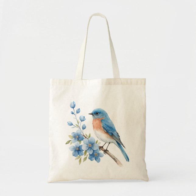 Tote Bag Oiseau bleu avec des fleurs bleues (Devant)