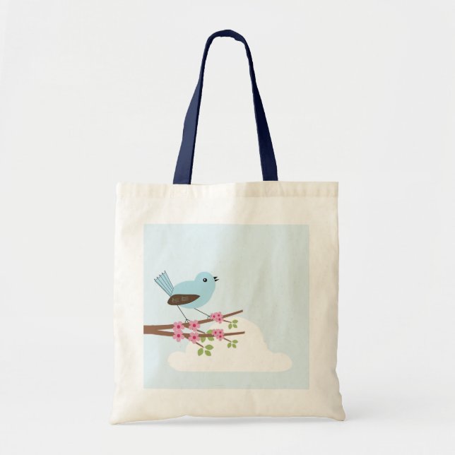 Tote Bag Oiseau bleu dans l'arbre en fleurs (Devant)