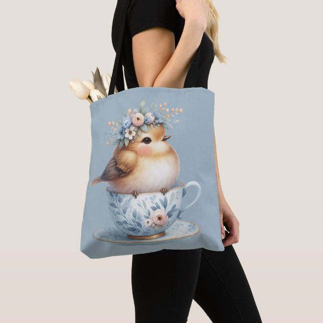 Tote Bag Oiseau bleu mignon avec couronne florale en Teacup (De près)