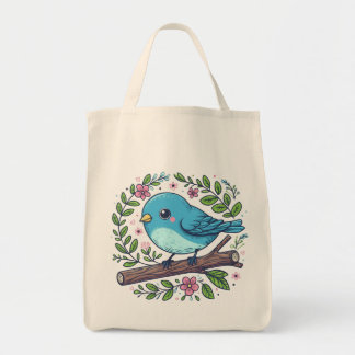 Tote Bag Oiseau bleu mignon perché sur une branche florissa