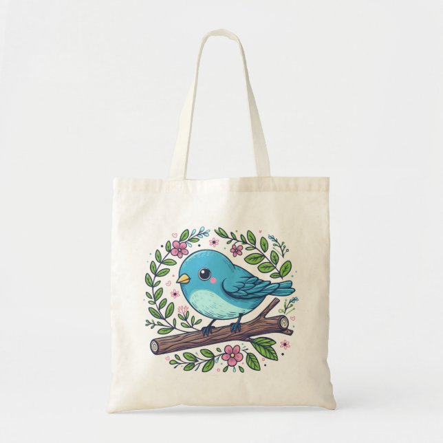 Tote Bag Oiseau bleu mignon perché sur une branche florissa (Devant)