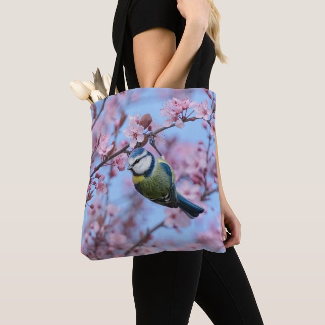 Tote Bag Oiseau bleu Tit en fleurs de cerisier japonais ros (De près)