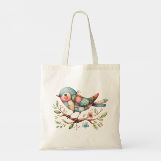 Tote Bag Oiseau chanteur patchwork sur branche fleurie (Dos)
