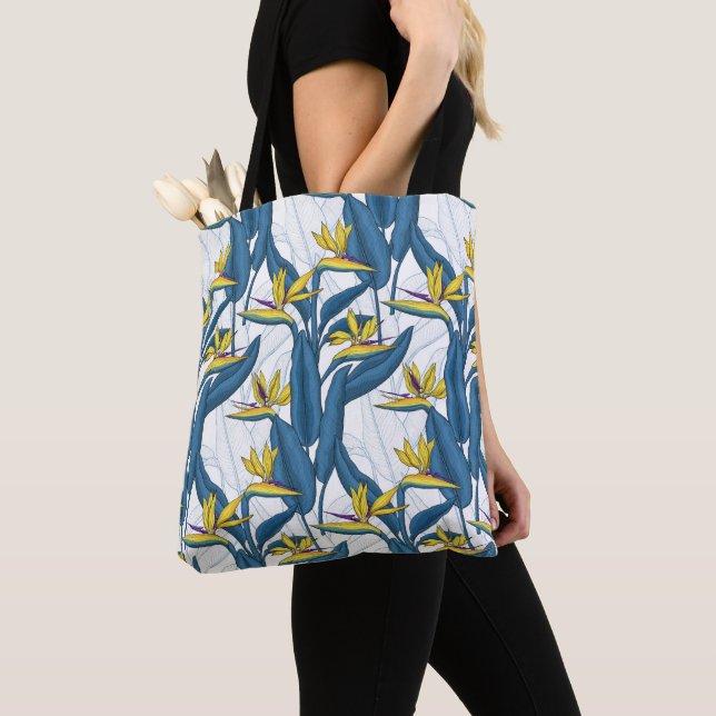 Tote Bag Oiseau de fleurs de paradis sur blanc (De près)