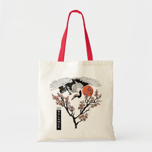 Tote Bag Oiseau de grue japonais et poisson carpe koi (Devant)