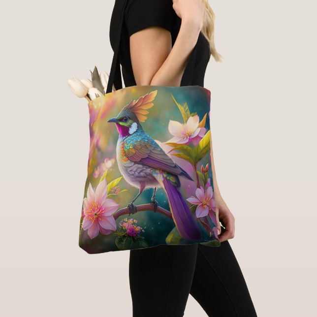 Tote Bag Oiseau d'Imaginaire à arc-en-ciel orangé (De près)