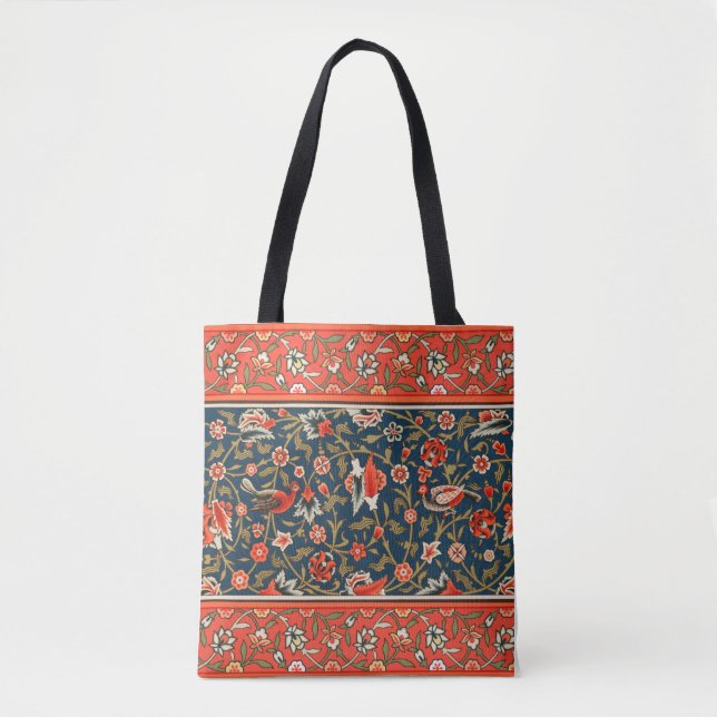 Tote Bag Oiseau et fleurs Perse Motif bleu rouge (Devant)