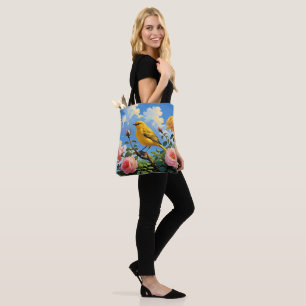 Tote Bag Oiseau jaune coloré et jolies roses roses