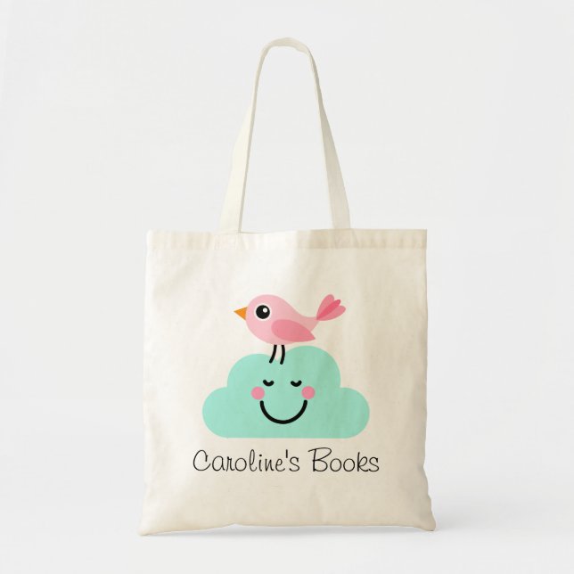 Tote Bag Oiseau rose mignon et bibliothèque personnalisée (Devant)