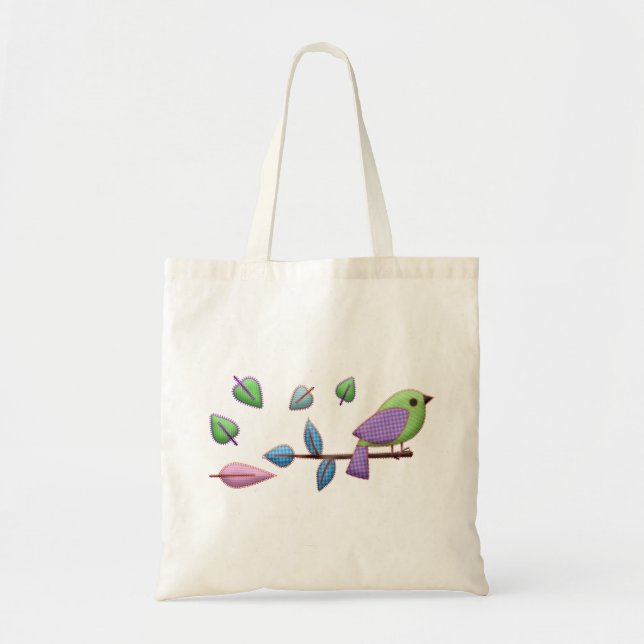 Tote Bag Oiseau rose pourpre vert avec Feuilles de broderie (Devant)