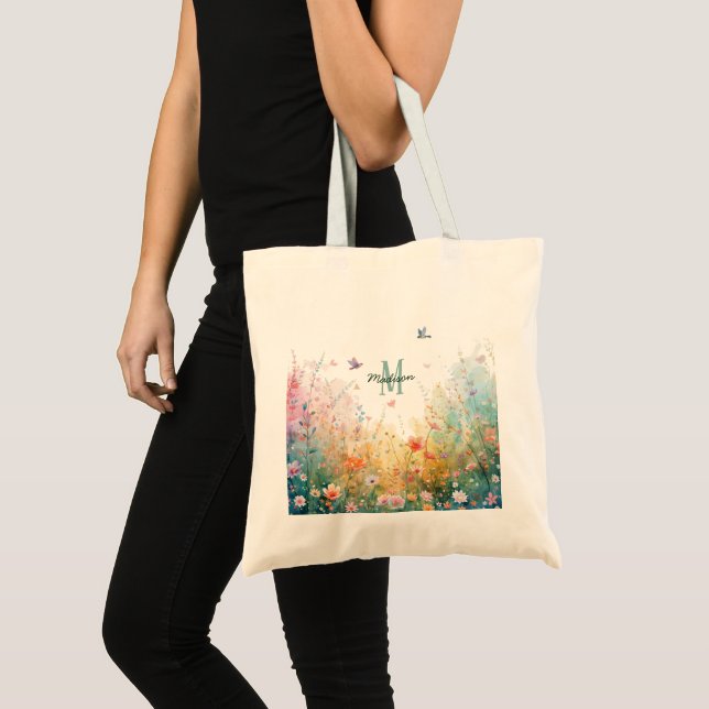 Tote Bag Oiseaux aquarelle printemps monogramme floral Fleu (Devant (produit))