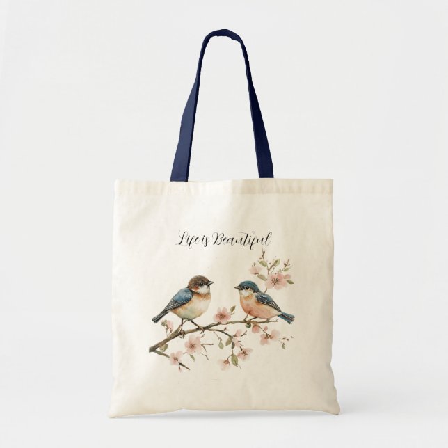 Tote Bag Oiseaux bleus Cerisier Fleur de cerisier Lapin Pis (Devant)