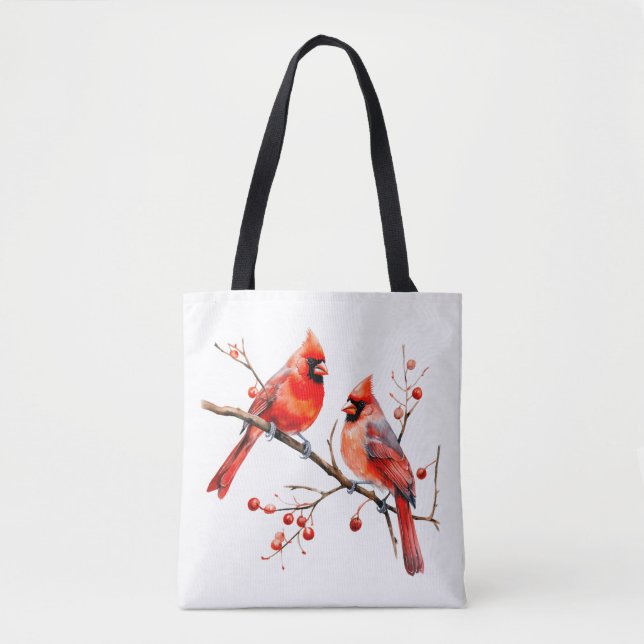 Tote Bag Oiseaux cardinaux rouges sur la branche de l'Holly (Devant)